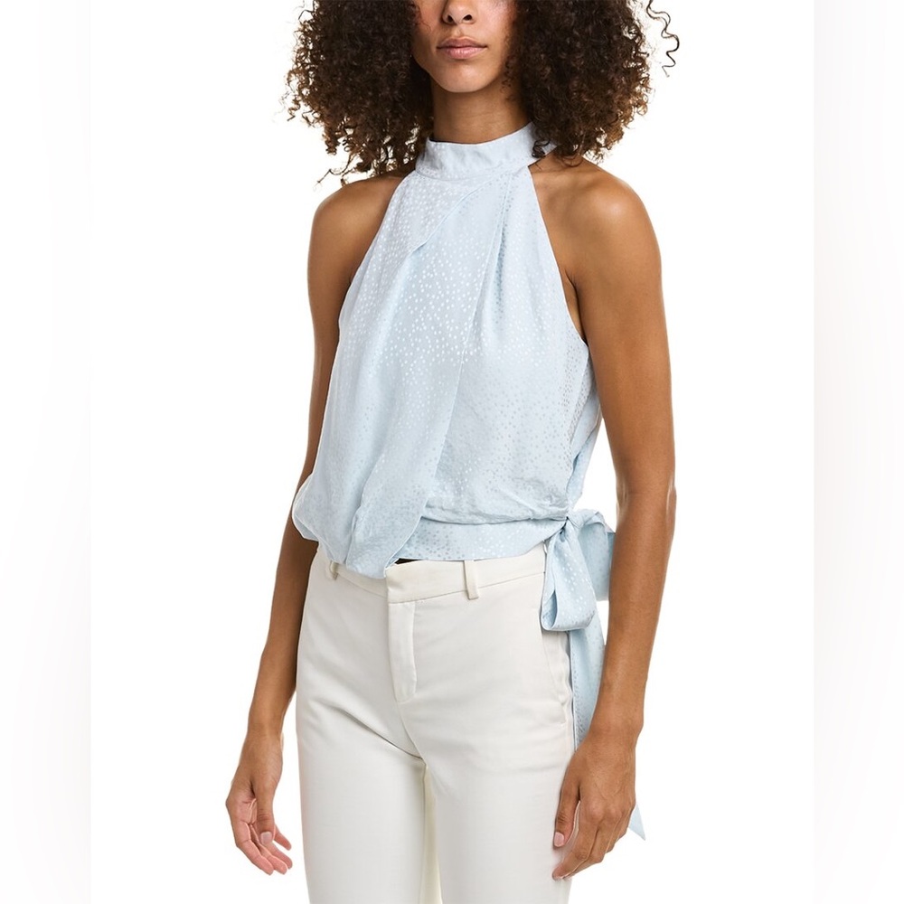 BCBGMazaria halter neck sleeveless over draped side tie blouse in blue